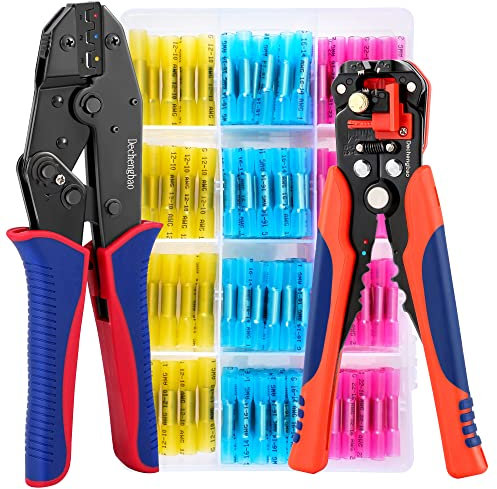 Dechengbao Crimping Tool For Heat Shrink Connectors Set with 200PCS (0.5-6mm²) Marine Grade Heat Shrink Butt Connectors and Wire Stripper (200PCS Heat Shrink Butt Connectors Set)