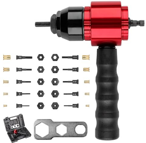 YUZES Adaptador de Tuerca de Remache para Taladro inalámbrico eléctrico, Kit de Pistola de Remache Que Ahorra Mano de Obra con 5 Mandriles métricos y 5 SAE y 50 Tuercas de Remache Surtidas, Funda de