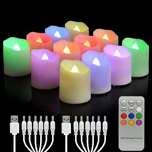 yunsheng 12 Stück RGB Wiederaufladbare LED Teelichter mit Fernbedienung Timer, Aufladbar Flammenlose Flackernde Kerzen, Warmweißes Licht, Halloween Weihnachten Hause Deko (mit 2 USB Ladekabel)