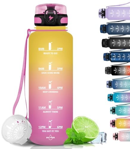 Grsta Gourde, 1.5L Gourde Sport, sans BPA, Bouteille d'eau, Gourde Graduée pour 1 Journee, Filtre et Marqueur de Temps, Gourde Motivation pour la randonnée, l'école - Jaune-Rose
