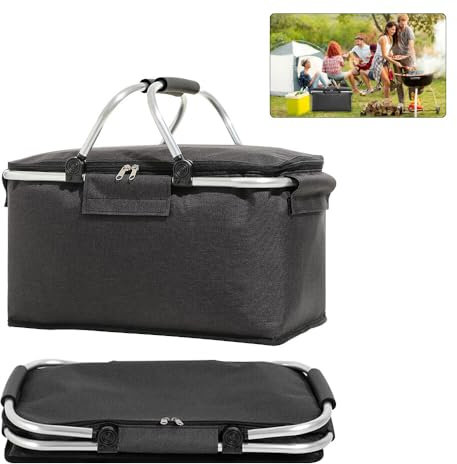 ZOYDP Einkaufskorb Faltbar 18L, Thermo Einkaufskorb als Picknickkorb,Einkaufskorb mit Deckel, Aluminiumgestänge Tragegriffen und Reißverschluss, Einkaufskorb Schwarz für Reisen, Picknick, Einkaufen