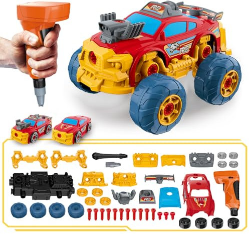 Pup Go 3-in-1 Abnehmbares Auto für Jungen 3 4 5 6 7 8 Jahren, 46 Teile mit Elektrischer Bohrer, Konstruktionsspielzeug Lastkraftwagen, Baue Dein Eigenes Auto, Ideales STEM-Geschenk für Kinder (Rot)