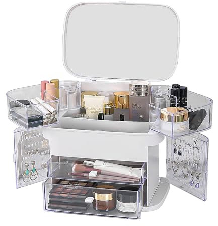 Make Up Organizer mit Tragegriff Schubladen und Deckel Tragbare Kosmetik Beauty Aufbewahrung Display Multifunktion Schmuck Waschtisch Box für Schminktisch Pinsel Skincare Haar-Accessoire Arbeitsplatte