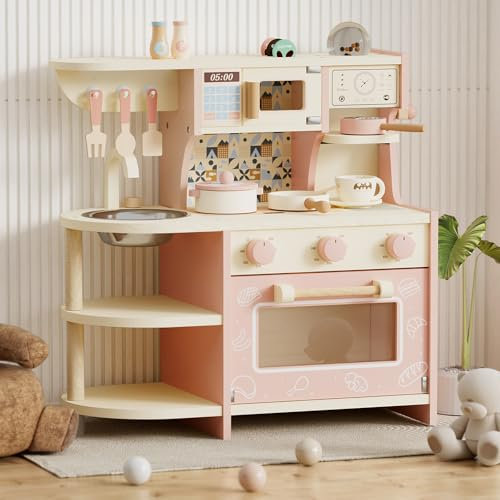 XJD Holz Kinderküche für Kinder, Kleinkind-Spielküche mit Kaffeemaschine, Kinderküchen-Spielset mit Zubehör, Puppenküche für Kinder ab 3 Jahren