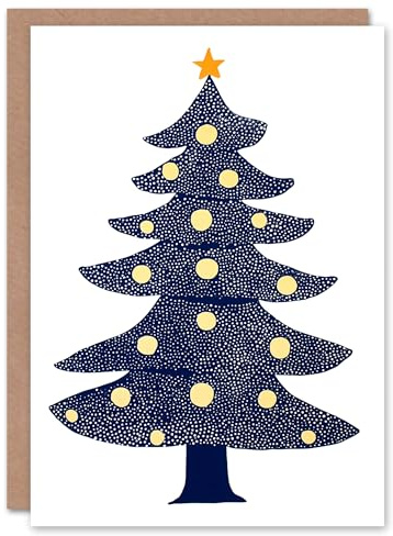 Wee Blue Coo Greeting Card Decorated Tree Polka Dot Folk Art Blue Orange Blank For Him Or Her Art Xmas Christmas Card