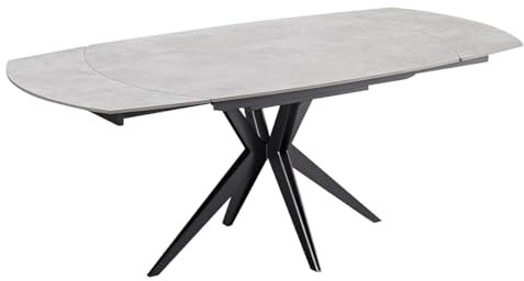 Meubletmoi Adele Esstisch, oval, ausziehbar durch Drehen von 130 bis 190 cm, Keramikplatte, grau, Betonoptik und Metallfuß gekreuzt, durchbrochen, Anthrazit