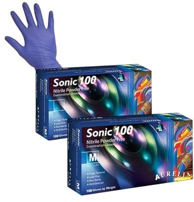 Aasram Aurelia Sonic 100 Nitrile Examination Gloves – Powder Free, Latex Free, Medium Size, Blue, Ambidextrous, Textured Fingertips – 2 x 100 Pack (200 Gloves Total)