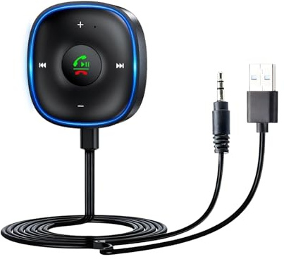Aux Bluetooth Adapter for Car Dual Connection to 2 Cell Phones | Plug-and-Play Bluetooth 5.3 Receiver with 3.5mm Jack and USB Port for Car Stereo Music Streaming and Hands-Free Calls