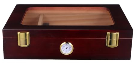 Humidor de Viaje de Madera Marrón con Higrómetro y Humidificador | Tapa de Vidrio, Divisor Interno, Control Preciso de Humedad, para Casa u Oficina