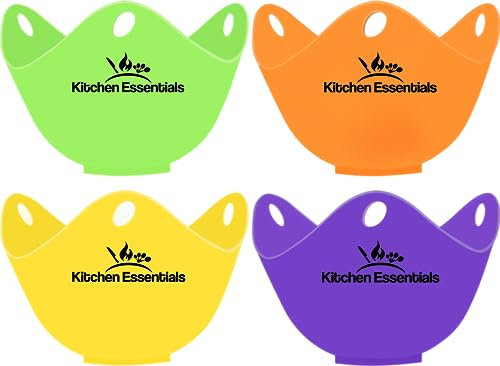Kitchen Essentials Egg Poacher Cups (4 Pack) With Base Ring - Premium Food-Grade Silicone Egg Poachers - Easy Release Poach Pods, Dark-Colour Set