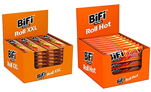 BiFi Roll XXL – 24er Pack (24 x 70 g)– Snack im Teigmantel – Herzhafter, großer Salami Fleischsnack – Snack im Teigmantel & Roll Hot – 24er Pack (24 x 45 g) – Herzhafter, pikanter Salami Fleischsnack