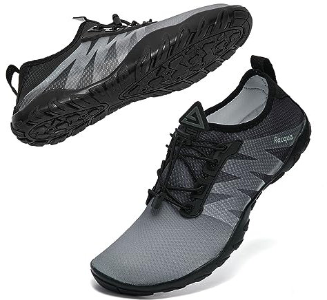 Racqua Wasserschuhe für Damen und Herren, Barfuß, Schwimmen, Strand, schnell trocknend, Aquaschuhe, HD131M-Grau/Schwarz, 12