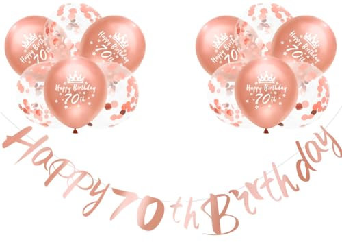 Happy 70th Birthday Banners Rose Gold Women 70th Birthday Banner Bunting Personalized Including 12 Pack 12” Latex Printed Balloons Women 70 Decorations Supplies