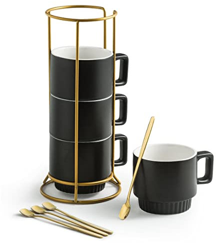 Miamolo Stapelbare Kaffeetassen mit Ständer, 325 ml, Keramik, Latte-Tassen, 4er-Set, für Espresso, Cappuccino, Tee, heißen Kakao, spülmaschinen- und mikrowellengeeignet, Schwarz
