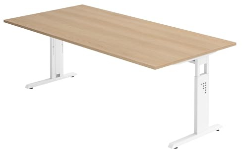 bümö höhenverstellbarer Schreibtisch O-Serie 200x100 cm in Eiche, Gestell in weiß - großer PC Tisch für's Büro manuell höhenverstellbar, Computertisch verstellbar