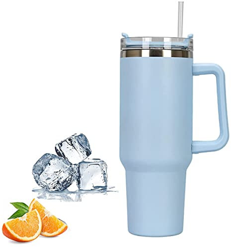 Juliyeh Travel Mug with Handle, Cup with Straw and Handle, Stainless Steel Coffee Mug with Lid Coffee Mug, Insulated Water Bottle for Hot Iced Drink (Blue)