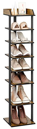 Mondeer Schuhregal, 7-stöckiges Schmales Schuhablage Holz Industriestil für Eingänge Flur Wohnzimmer Schlafzimmer, L28 x B28 x H113 cm, Rustikal Braun