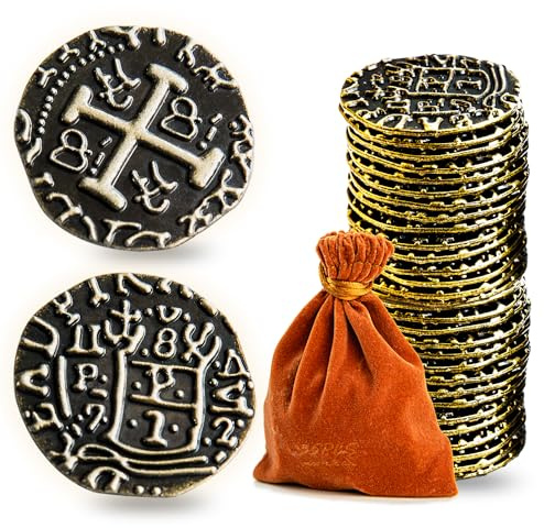 Prefdo Metal Pirate Coins, 35PCS Bronze Treasure Coin Set Spanish Doubloon Replicas Fantasy Metal Coins Pirate Gold Coins for Board Games Tokens Pirate Party Cosplay, 1.18in