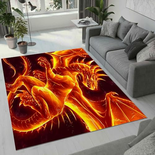 ROUSKI Drachen Teppich Wohnzimmer Schlafzimmer 3D Muster Design Retro Drache Teppiche rutschfest Waschbarer Kurzflor Teppich Grösse 60x90 cm Flauschig Weich Soft Home Outdoor Carpet Matte