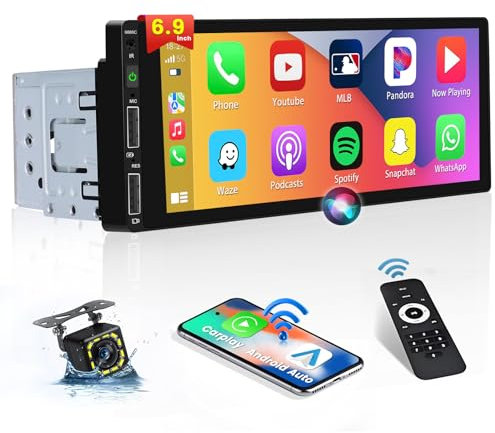 Inefala Autoradio 1 Din Bluetooth con Wireless CarPlay e Android Auto & Assistente Vocale, 6,9 Pollici HD Touchscreen Stereo Auto con BT 5.0 Radio FM USB AUX EQ Telecamera Posteriore e Microfono