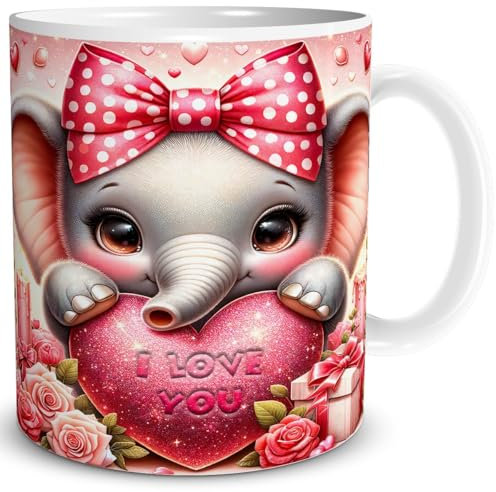 TRIOSK Tasse Valentinstag Elefant mit Herz I Love You Spruch Ich liebe Dich Geschenk Tierliebe für Sie Frauen Freundin Elefantenliebhaber, Keramik 300ml