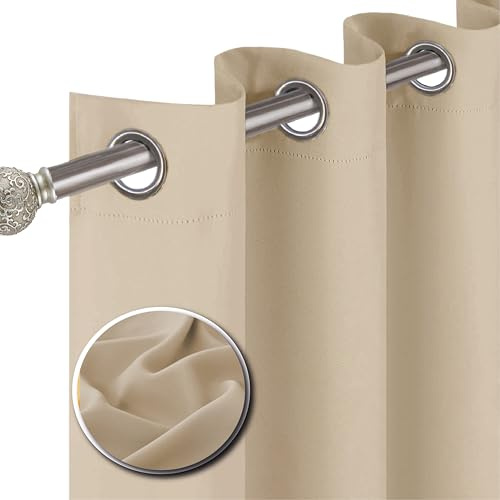 funky gadgets Blackout Curtains for Bedroom 108 Inch Drop Thermal Insulated Eyelet Curtains & Drapes Black Out Curtain for Kitchen, Living Room 2 Panels (90x108 Inch Beige)