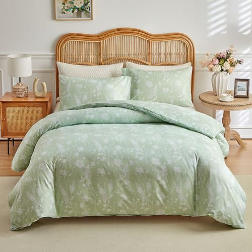 Tospass Floral Bettwäsche Grün 220x240 3Teilig Aesthetic Weiß Blumen Blätter Wendebettwäsche Weich Kuschelig Bettwäsche-Sets, 1 Bettbezug 220x240 und 2 Kissenbezug 80x80 mit Reißverschluss