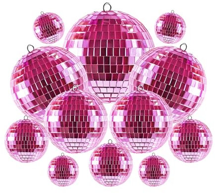 Jicyor 12 Stück Discokugel, Disco Spiegel Ball Pink Mini Disco Balls, Discokugel Spiegelkugel für Weihnachtsbaum Dekoration, Lichteffekt, Hochzeit, Home, Party(10/7/5/3/2cm)