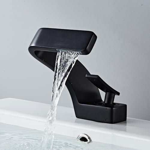MocArt 2239 Waterfall Faucet, Bathroom Hot and Cold Mixer Tap, Hotel Basin Copper Faucet, Ceramic Valve Core, Single Hole Installation, Water Saving Design (Black)