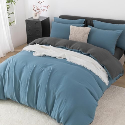 YASMENG Doppelte Muslin Bettwäsche 200x200 Petrol Grau 100% Baumwolle Bettwäsche Muslin Weich Atmungsaktiv Kuschelige Bettbezug Set 3 Teilig mit Reißverschluss und 2 Kissenbezüge 80x80 cm