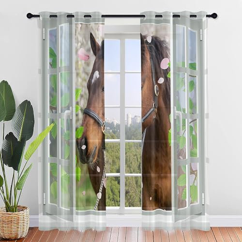 FANSU 2er Set Scheibengardinen Tiere Druck Halbtransparent Bistrogardine, Schlaufengardinen Gardinen Küche Türgardine für Kinderzimmer, Wohnzimmer (Pferd,107x244cm)