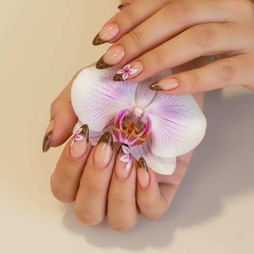 Natural Nude Pink Ombre Almond False Nails with White Orchid Floral Design - Medium Length Short Acrylic Gel Manicure Kit for Women, Salon Quality Glossy Finish Everyday Wear