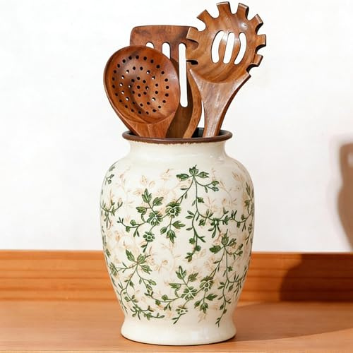 Kiswleon Kitchen Utensil Holder Ceramic,Large 7.8in Utensil Pot with Handle for Countertop,Aesthetic Green and Brown Floral Utensils Holder for Kitchen Decor