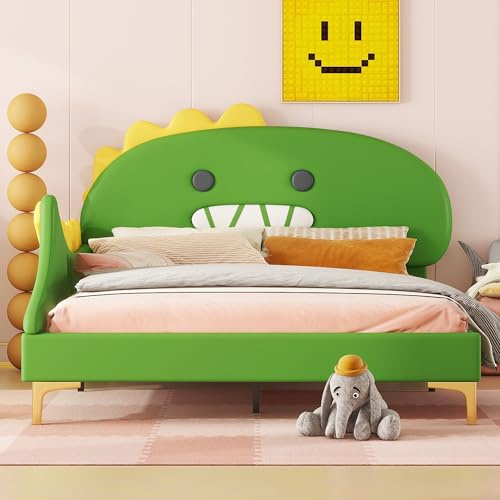 LZPUOUI Polsterbett 140x200 grün Dinosaurier Design Jugendbett aus PU Leder Bettgestell stabil 220kg belastbar Doppelbett mit Lattenrost modern Schlafsystem flach gepolstert Schlafmöbel