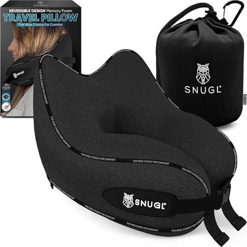 SNUGL Nackenkissen Flugzeug Memory Foam – Reisekissen Nackenhörnchen Waschbar – Nackenstützkissen & Kopfkissen für Reise, Auto, Zug, Bus – Ergonomisches Flugkissen für Erwachsene & Kinder (Schwarz)
