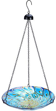 Mumtop 11 Inch Hanging Glass Bird Bath with Peacock Outdoor Bird Feeder for Garden Yard Decoration