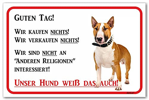AdriLeo Schild - Vorsicht Bullterrier - Wir kaufen Nichts - (30x40cm) / Hellbraun/weiß - Achtung Hund Wachhund robust langlebig UV-beständig wetterfestes Warnschild