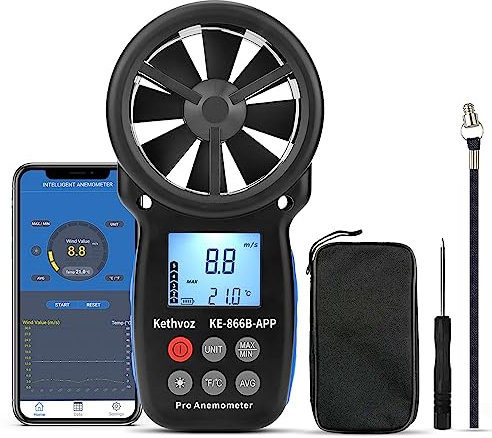Anemometro Bluetooth Portatile Misuratore del Vento, Kethvoz Misuratore di Velocità del Vento Digitale Misura la Temperatura Tester di Velocità dell'Aria per Drone Kite Surf KE-866B-APP