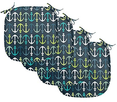 ABAKUHAUS Anker Polster für Esszimmerstühle, Maritime Segeln Reisen, Dekoratives wasserfestes Kissen mit Riemen für Küchensitze, 40 cm x 40 cm-4er Pack, Dunkelblau, Grün, Weiß