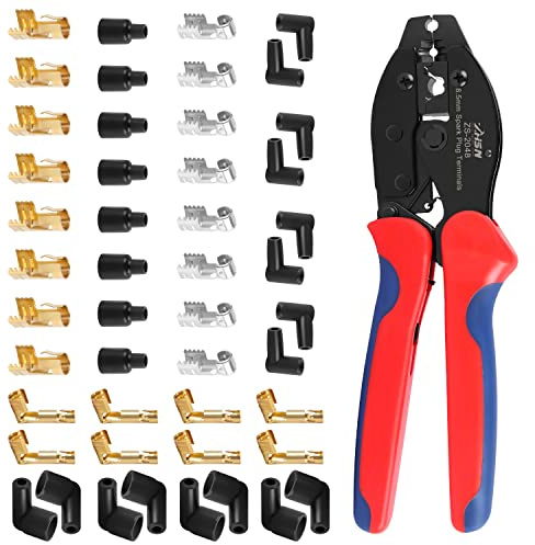Zhushan Zündkerzen-Draht-Crimpwerkzeug-Set, 8,5 mm Ratschen-Crimpzange für Zündkerzendrähte, inklusive 24 Stück 180°/90°/gerade Spulenklemmen und 24 Stück Stiefel