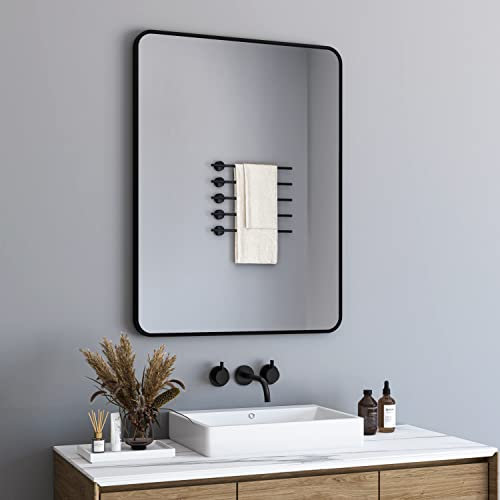 60 x 80cm Spiegel Schwarz Rahmen Metall Badezimmer Spiegel, Spiegel Aluminiumlegierung, Rechteckiger Hängespiegel mit Abgerundeten Ecken für WC, Schlafzimmer, Modern, Horizontal oder Vertikal