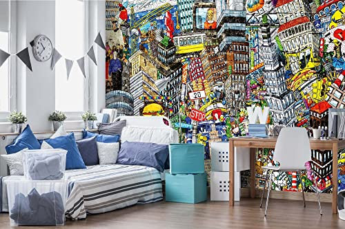 Vlies Fototapete CARTOON STADT 375 x 250 cm (inkl. Kleister) - Vlies Tapete, Wandtapete, Wandbilder - Tapete für Wohnzimmer Schlafzimmer, Büro, Küche - Montagefertig