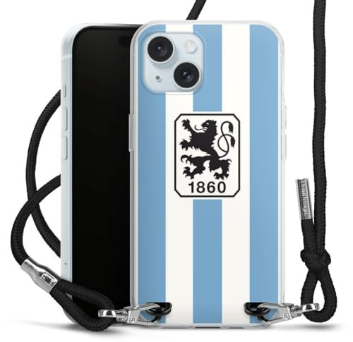 Carry Case kompatibel mit Apple iPhone 15 Hülle mit Band Handykette zum Umhängen schwarz Offizielles Lizenzprodukt Streifen Fußball