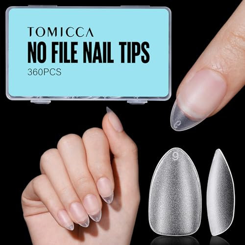 TOMICCA 360Pcs Short Almond Gel Nail Tips - No-File Matte Full Cover for Soak Off | Soft Acrylic False Tips, 15 Sizes DIY Kit