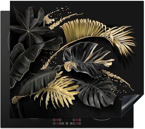 KitchenYeah© Copri Piano Induzione 60x52 cm Cucina Coprifornelli Copertura Protezione Cottura Tutto per la Cucina Foglie - Oro - Nero - Lusso