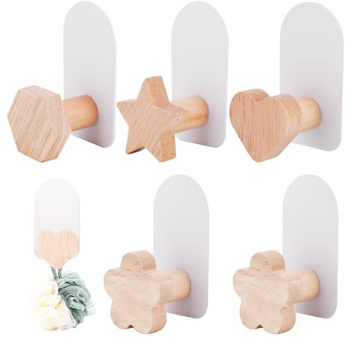 ALLOMN 5Pcs Coat Hooks Kids Wooden Hooks, Cute Shape Design Children's Coat Hook Wall Mounted Self Adhesive Wood Wall Hook for Clothes Scarf Towel Hat Bag Key Backpack