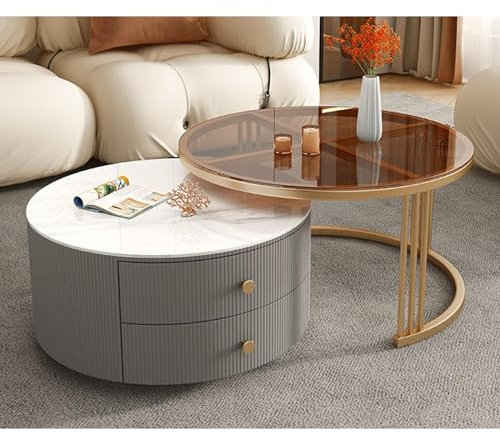 Verre + Pierre Ronde Table Basse Salon Lot De 2, Table Basse Ronde Pour Salon, Cercle Verre Trempé Empilable Table Basse Verre,table Basse Moderne,Verre Petite Table Basse,table Basse En Bois(Color:C)