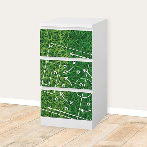 Unik Nordic Aufkleber Set Fußball Rasen für MALM Kommode mit 40 cm Schrankbreite, 3 Schubladen-Folien, Sticker für Schrank, Möbelfolie fürs Kinderzimmer, Schrankfolie für Kinder