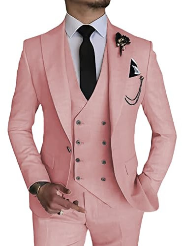 Costume élégant 3 pièces pour Homme Ensemble de Bal de Mariage à Double Boutonnage 1 Boucle Veste Gilet Pantalon Ensemble Formel (Couleur Rose,4TG)
