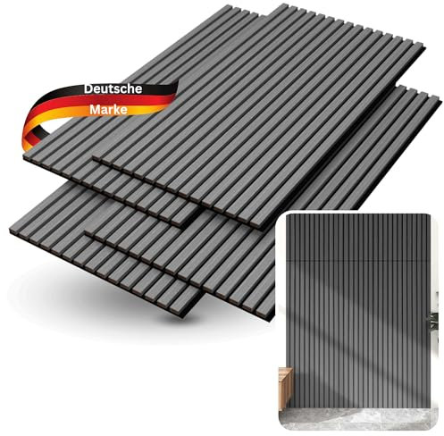 DELUKE® 3D Akustikpaneele 4er Set - Holz Optik Paneele | Akustik Wandpaneele Akustikplatten für Wand, Wohnzimmer, Flur, Küche Lamellenwand Wandverkleidung | Eiche Grau